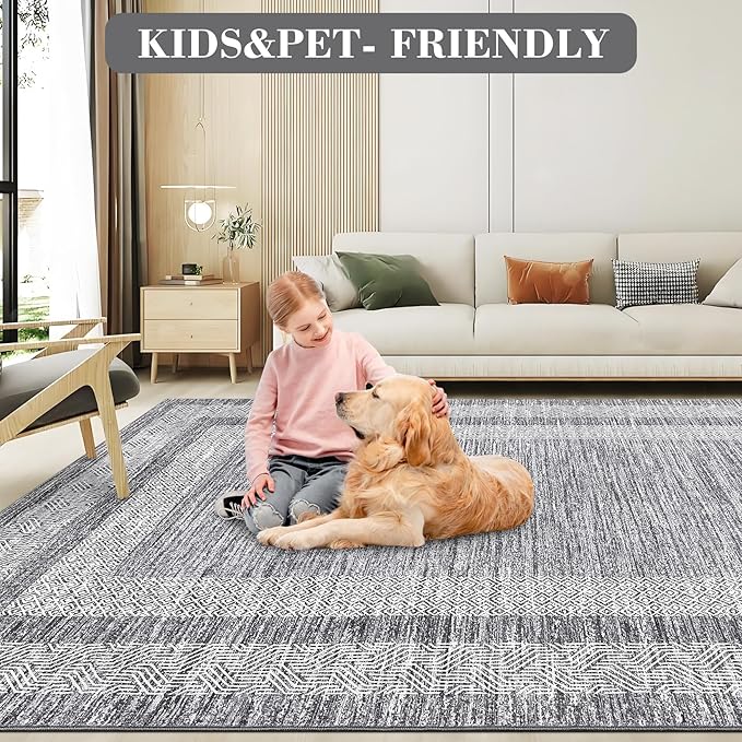 GarveeHome Modern Geometric Area Rug 5x7 Distressed Bordered Washable Non Slip Floor Carpet