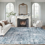Washable Area Rug 8x12, Large Soft Rugs for Living Room Vintage Blue/Grey Carpet 8x12 Area Rugs for Bedroom Dining Room Non-Slip Stain Resistant Under Table Rug