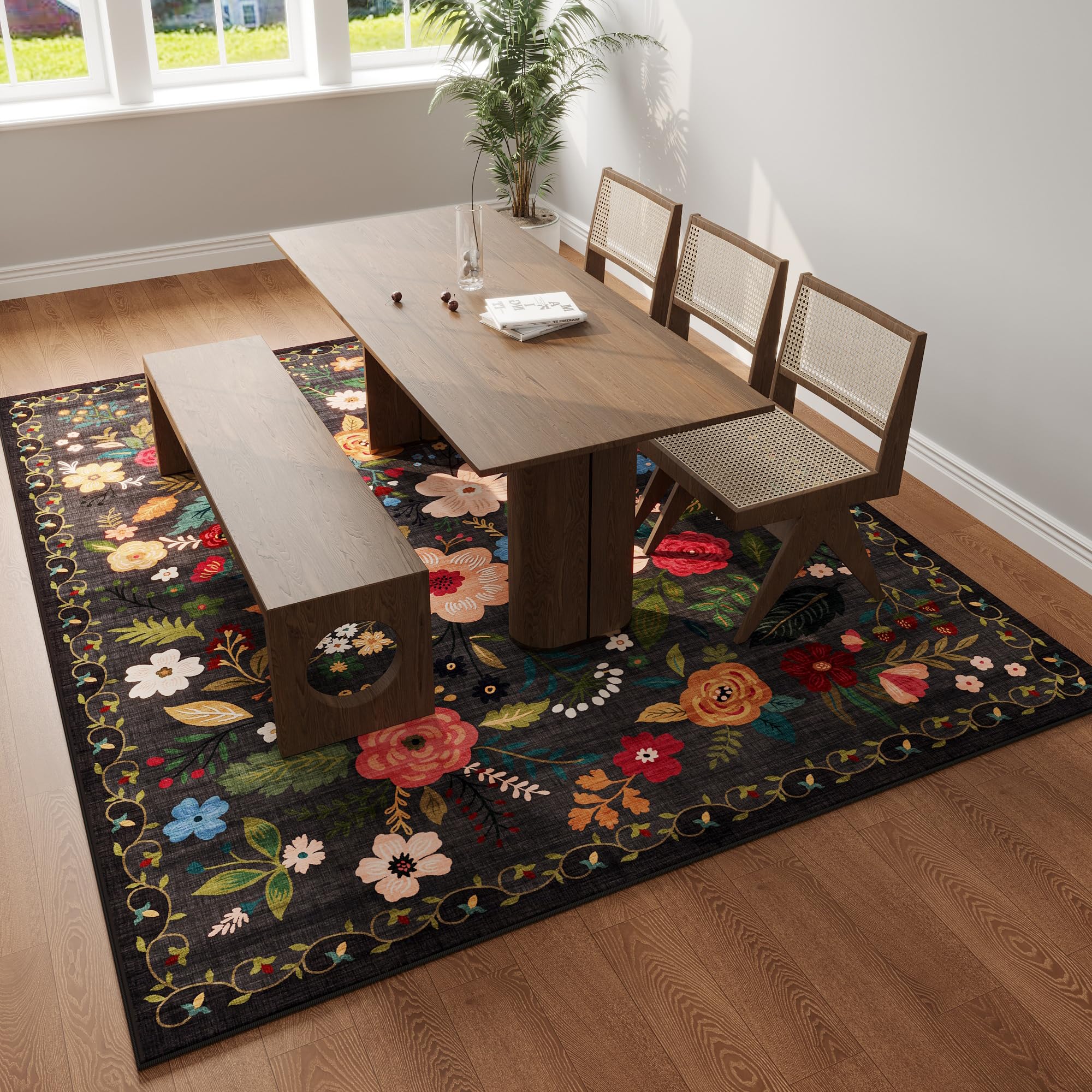Rugcomf Area Rugs 9x12 Living Room Clearance Washable Boho Rug Non Slip Floral Vintage Low Pile Large Rug for Living Room, Bedroom, Farmhouse, Dining Room, Kids Playroom(Black)