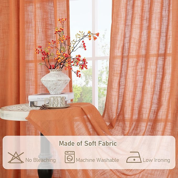 LAMIT Burnt Orange Linen Curtains 30 Inch Length for Cafe, Semi Sheer Light Filtering Panels Back Tab and Rod Pocket Small Window Drapes for Basement, 2 Panels, 34 x 30 Inch