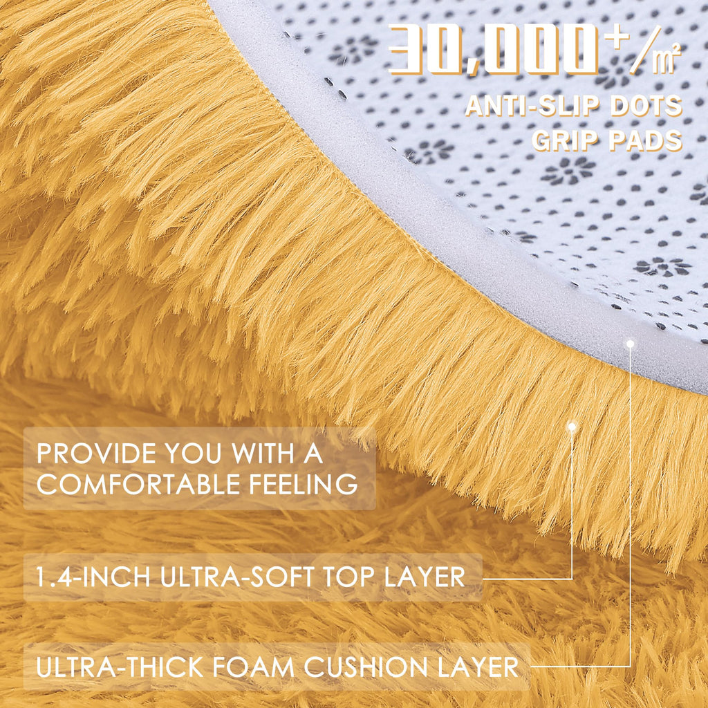 OLANLY Mustard Yellow Round Rugs for Bedroom - Machine Washable, 5 ft Circle Area Rugs for Living Room, Soft and Fluffy Shaggy Carpet for Teen Girl and Boys, Nursery Rooms, Dorms, Home Decor Aesthetic
