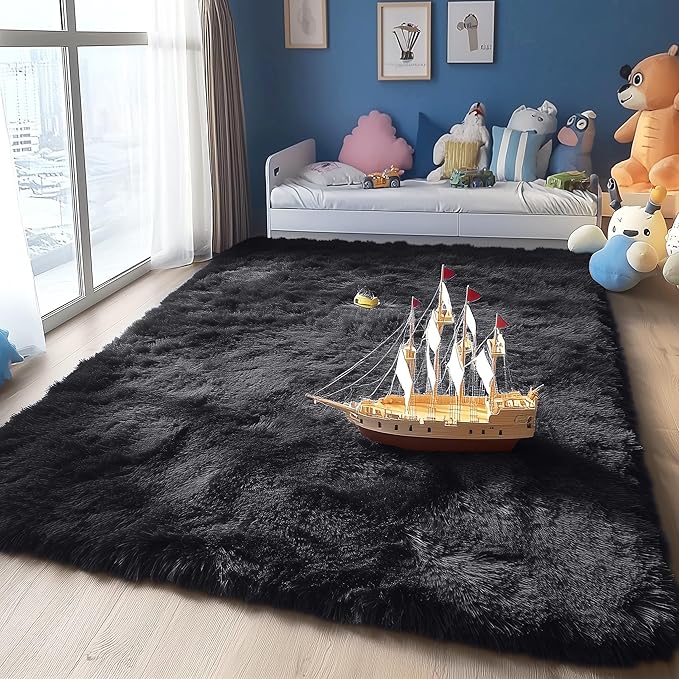 OLANLY 5x12 Machine Washable Large Area Rugs for Living Room, Bedroom, Soft Fluffy Shaggy Bedside Rug, Indoor Floor Carpet for Kids Girls and Boys, Dorms, Nursery, Home Decor Aesthetic, Black