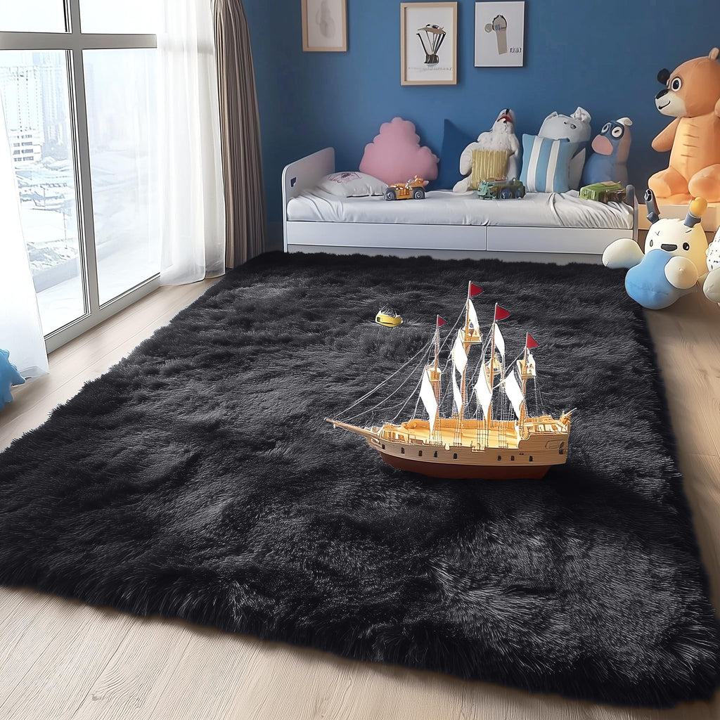 OLANLY 4x11 Area Rugs for Living Room Bedroom, Machine Washable Soft Fluffy Shaggy Bedside Rug, Indoor Floor Carpet for Kids Girls and Boys, Dorms, Nursery Rooms, Home Decor Aesthetic, Black
