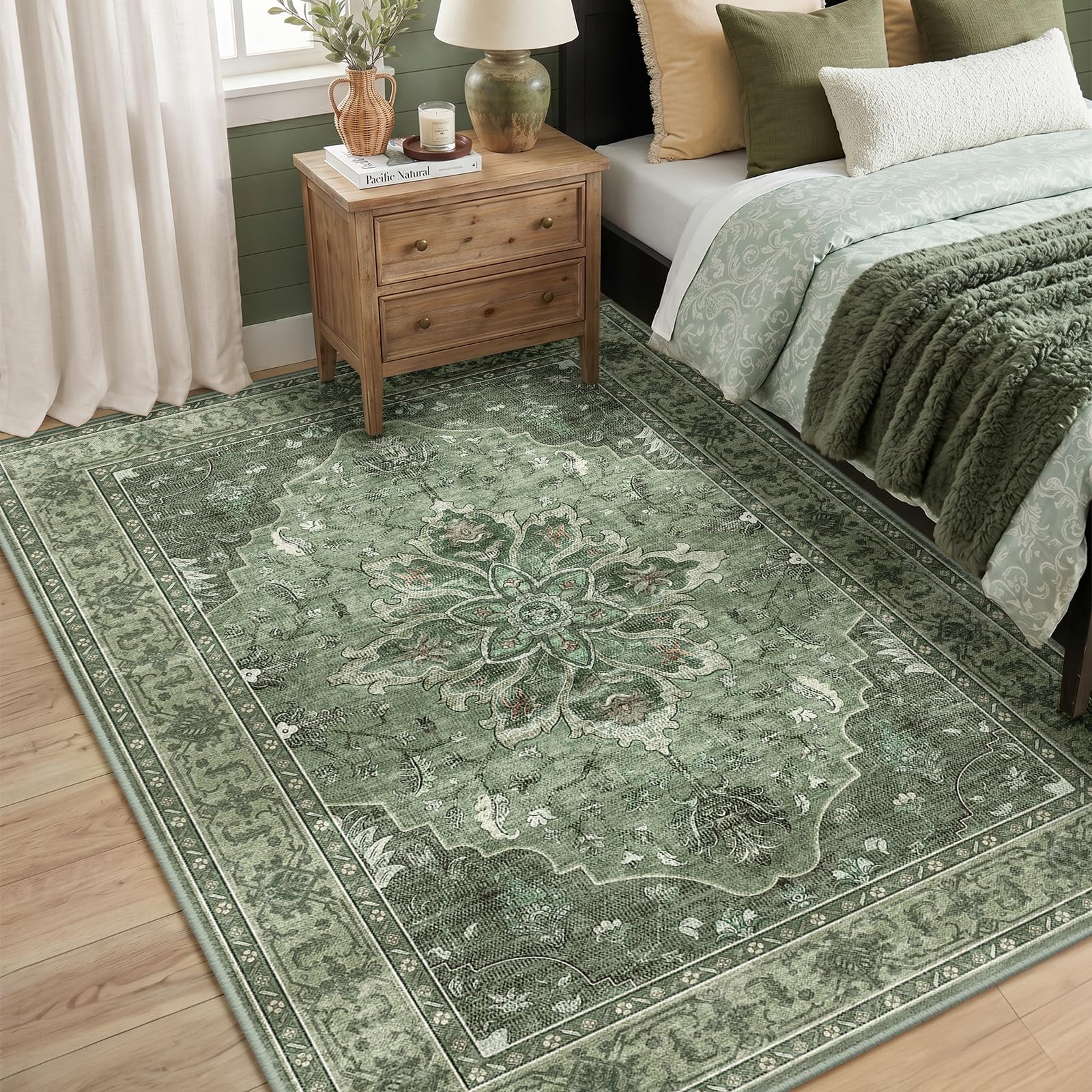 RELEANY Washable Area Rug, 5'x8', Green/Dark Green/Gray