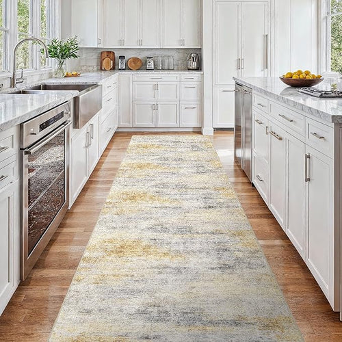 3x15 Runner Rug Washable Abstract: Non Slip Hallway Floor Mat Grey/Yellow