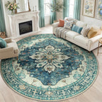 RELEANY Washable Area Rug, Round 8ft, Blue/Vintage Dark Blue