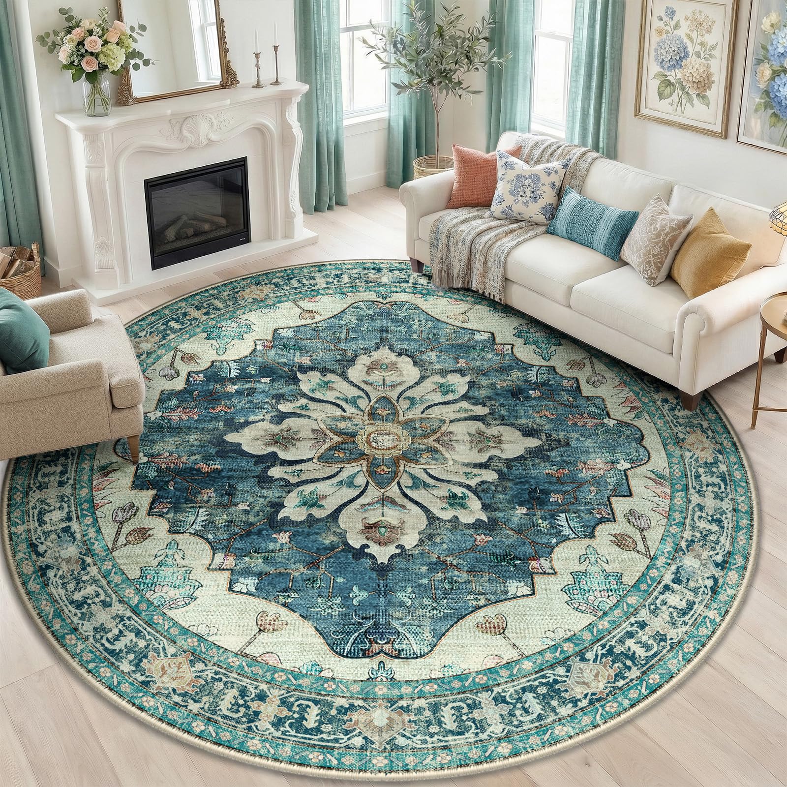 RELEANY Washable Area Rug, Round 8ft, Blue/Vintage Dark Blue