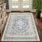 3x5 Washable Area Rug for Entryway, Kitchen Rugs Non Slip for Dining Room, Vintage Floral Soft Living Room Rug, Thin Area Rug Indoor for Bedroom, Kids Room Decor(Blue/Beige,3'x5')