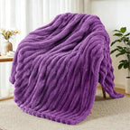 Exclusivo Mezcla Fleece Throw Blanket for Couch, Super Soft Striped Jacquard Bed Blanket, Lightweight Fuzzy Cozy for All Seasons, 50x60 Inches, Purple
