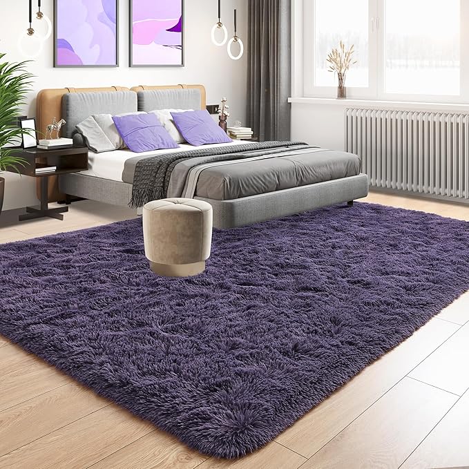 Tepook 4x6 Area Rugs for Living Room, Soft Fluffy Shag Gray Purple Rug for Bedroom Nursery, Modern Shaggy Plush Upgraded Non-Slip Carpet for Girls Boys Kids Room Dorm Home Decor