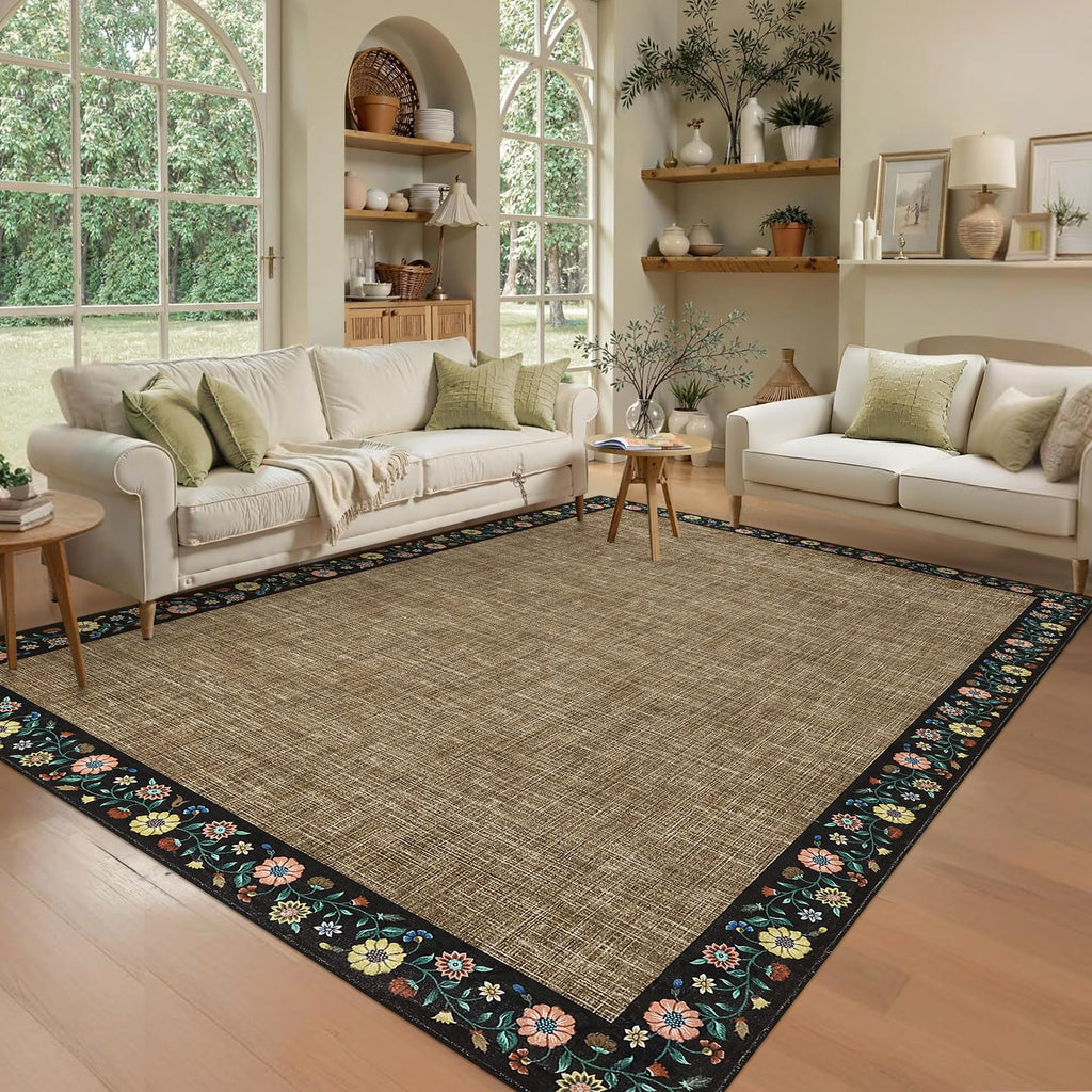 GarveeHome Washable Rugs for Living ROM 8 x 10 Large Area Rug Farmhouse Floral Bordered Bedroom Carpet Indoor Non-Slip Nursery Mat Soft Non Shedding Stain Resistant Carpet for Dining Room, Brown