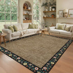 GarveeHome Washable Rugs for Living ROM 8 x 10 Large Area Rug Farmhouse Floral Bordered Bedroom Carpet Indoor Non-Slip Nursery Mat Soft Non Shedding Stain Resistant Carpet for Dining Room, Brown