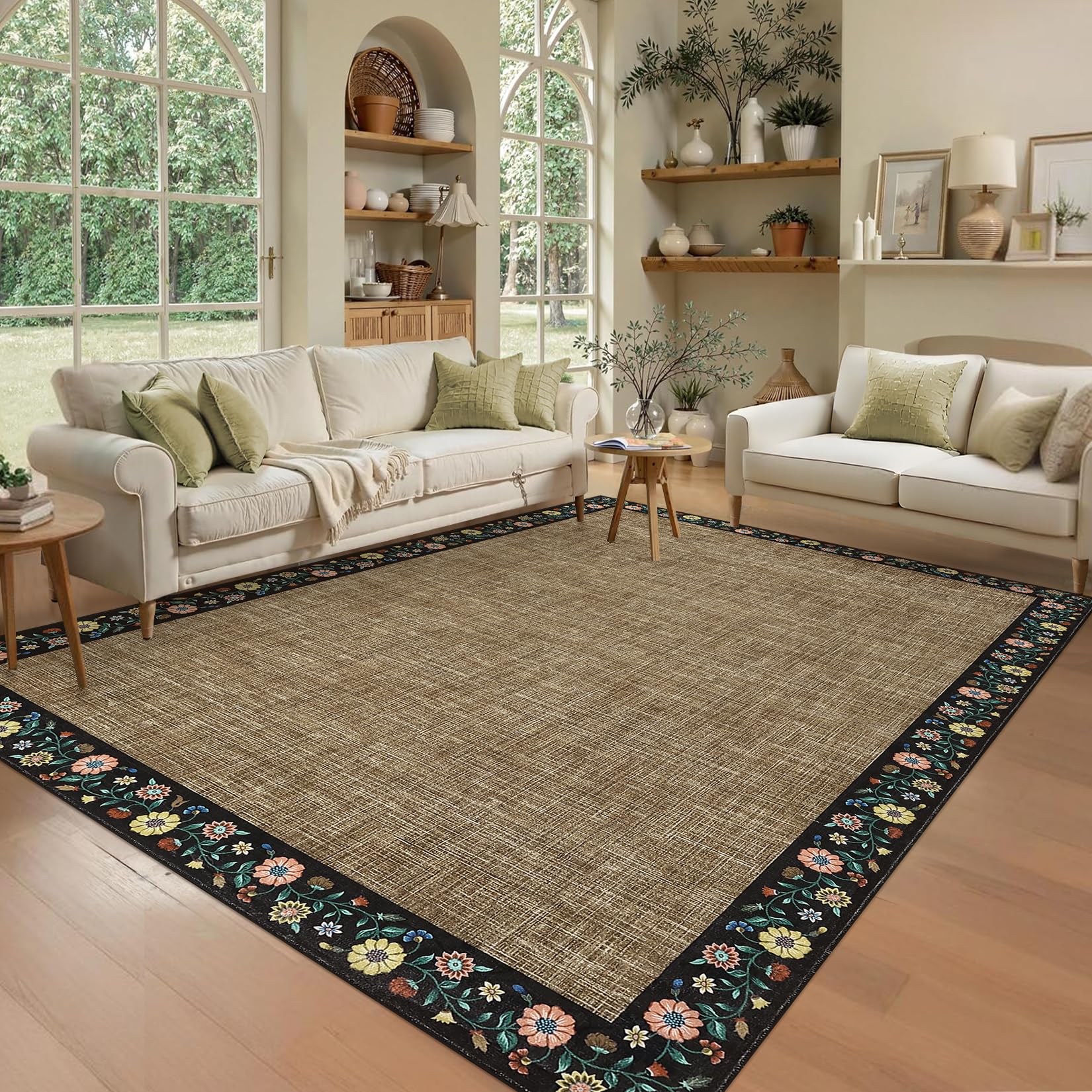 GarveeHome Washable Rugs for Living ROM 8 x 10 Large Area Rug Farmhouse Floral Bordered Bedroom Carpet Indoor Non-Slip Nursery Mat Soft Non Shedding Stain Resistant Carpet for Dining Room, Brown