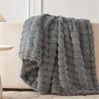 COOVA Faux Fur Throw Blanket for Couch, Cozy Soft and Fuzzy Plush Rabbit Fur Bubble Blanket for Sofa Bedroom Living Room, 60x80 Inches Cationic Light Grey