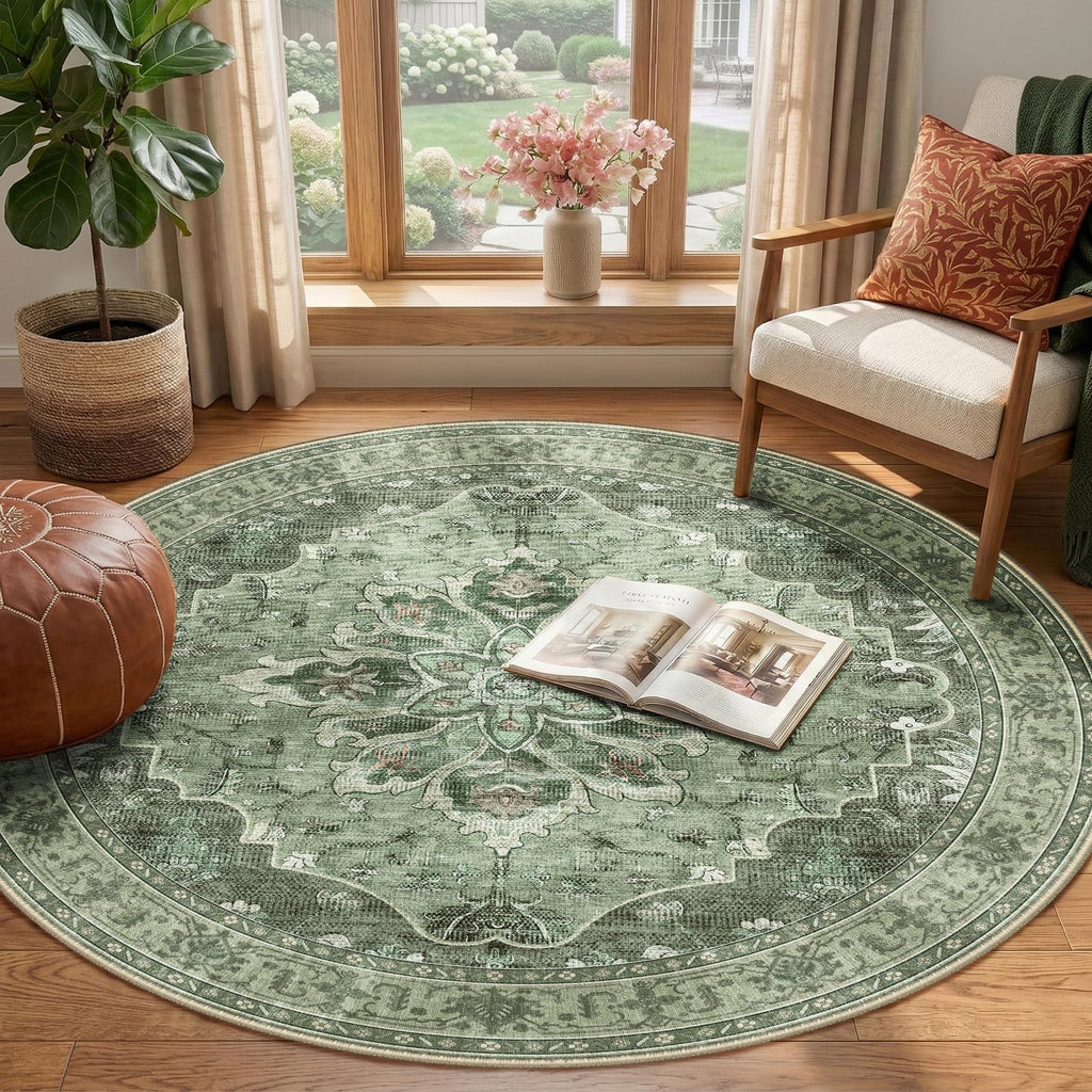 RELEANY Washable Area Rug, Round 4ft, Green/Dark Green/Gray