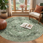 RELEANY Washable Area Rug, Round 4ft, Green/Dark Green/Gray