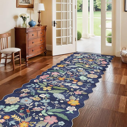 3x10 Long Hallway Runner Rug: Washable Wide 10ft Floral Low-Pile Carpet for Entryway Kitchen Non Slip Soft Living Room Bedroom Floor Mat Cute Area Rugs for Nursery Farmhouse Home Decor(3x10/Purple)
