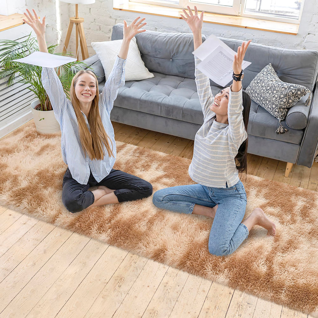 JiaoBaba Super Soft Fluffy Living Room Area Rugs 2x10 ft Tie-Dyed Beige Shaggy Furry Carpet Washable Non-Slip Floor Rug Bedroom Bedside Nursery Rug Fuzzy Girls Boy Reduce Noise Dorm Home Decor
