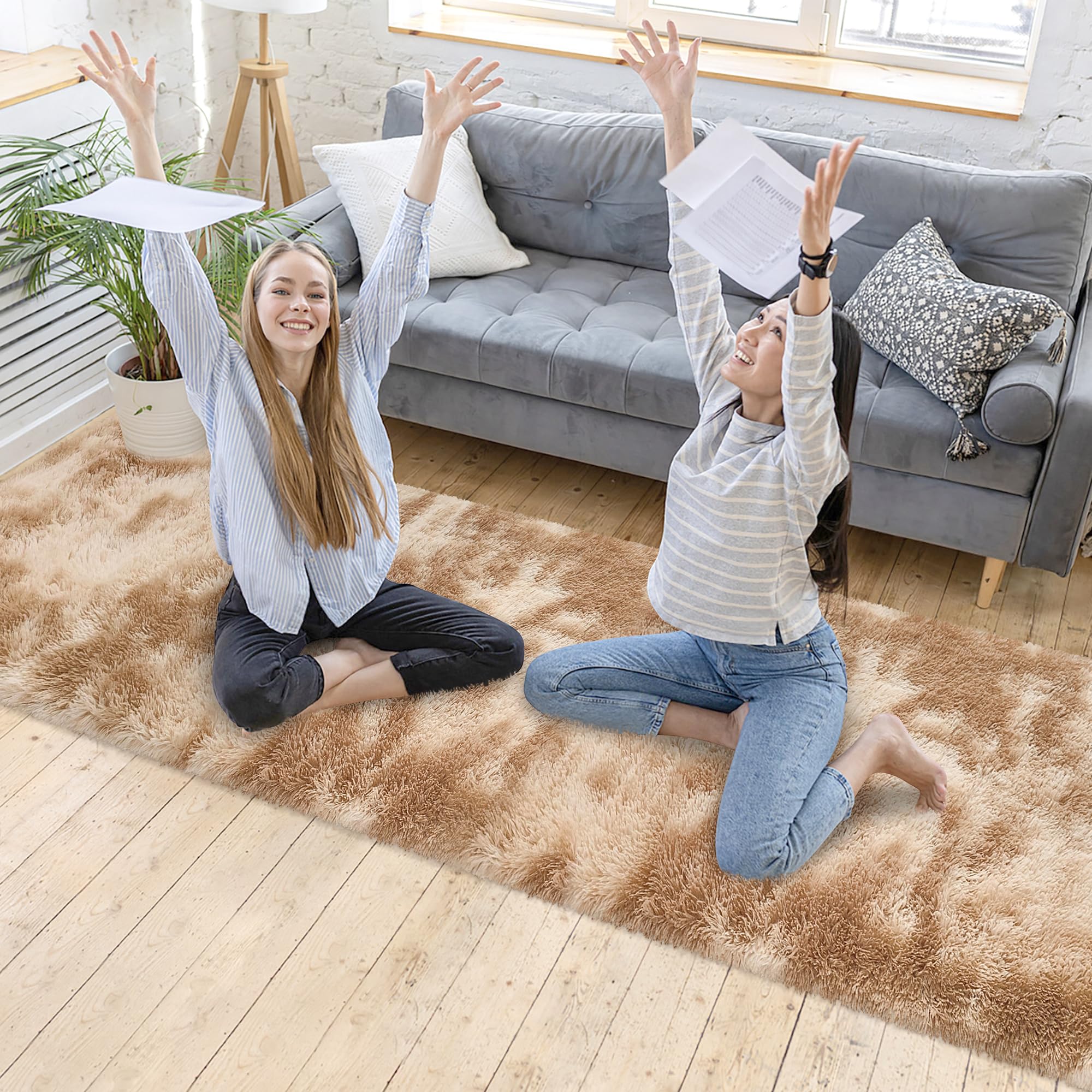 JiaoBaba Super Soft Fluffy Living Room Area Rugs 2x10 ft Tie-Dyed Beige Shaggy Furry Carpet Washable Non-Slip Floor Rug Bedroom Bedside Nursery Rug Fuzzy Girls Boy Reduce Noise Dorm Home Decor