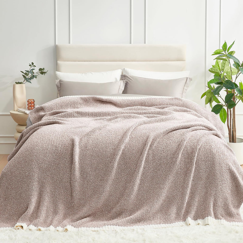 Snuggle Sac Queen Size Bedding Blanket Taupe,Super Soft Warm Microfiber Blankets Cozy Knit Fuzzy Plush Bed Blankets,Heather Taupe, 90x90 inches