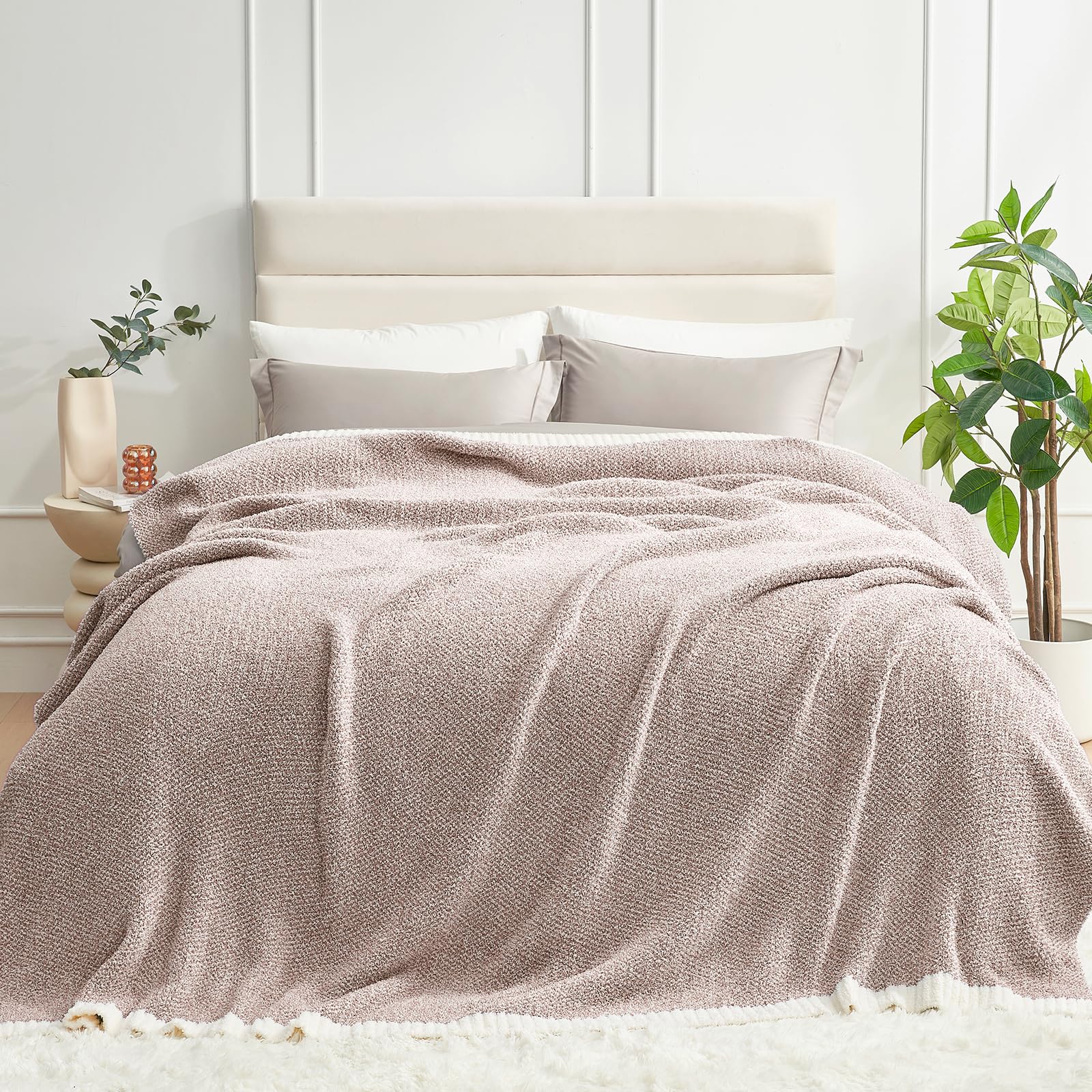 Snuggle Sac Queen Size Bedding Blanket Taupe,Super Soft Warm Microfiber Blankets Cozy Knit Fuzzy Plush Bed Blankets,Heather Taupe, 90x90 inches