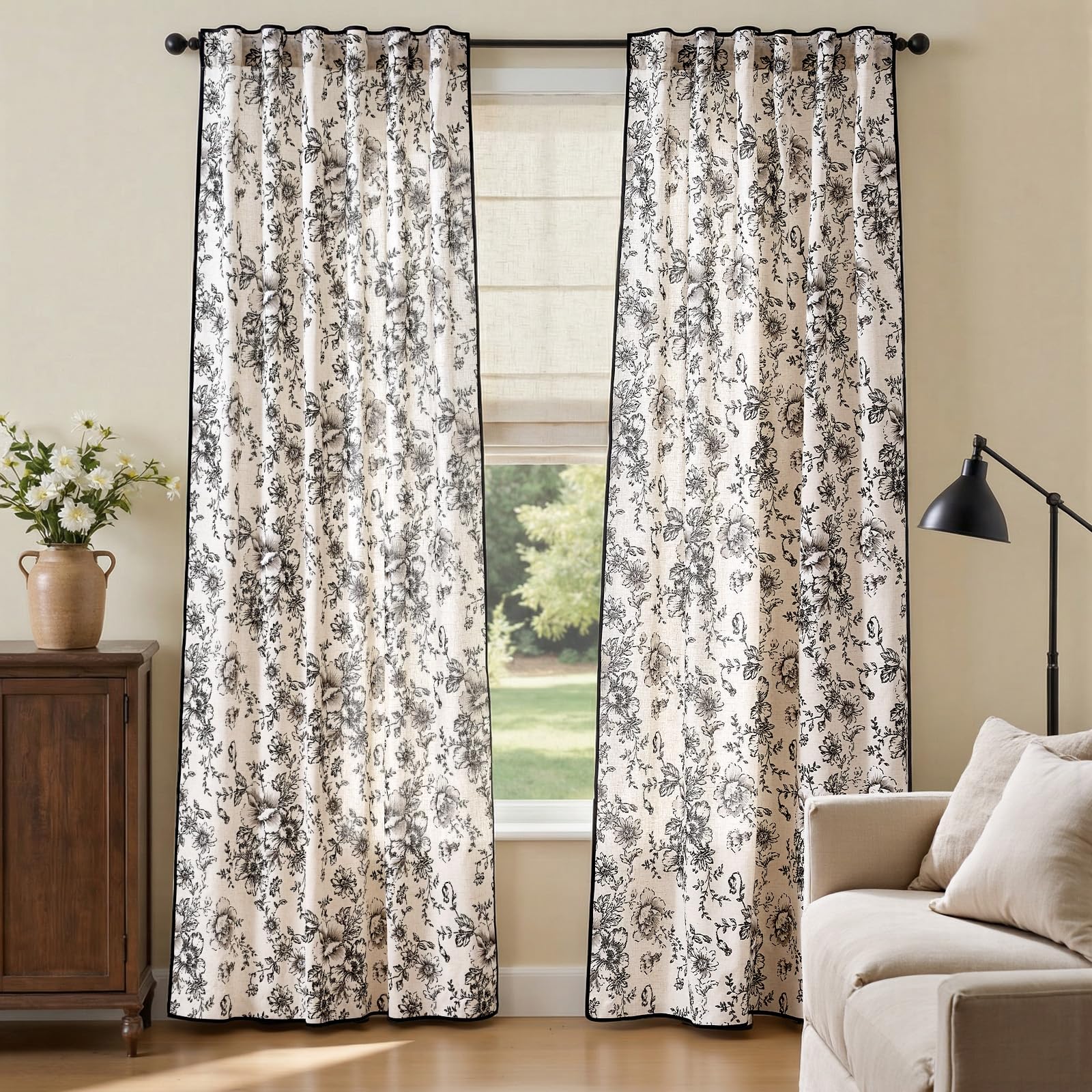 jinchan Vintage Floral Linen Curtains 84 Long for Living Room 2 Panels