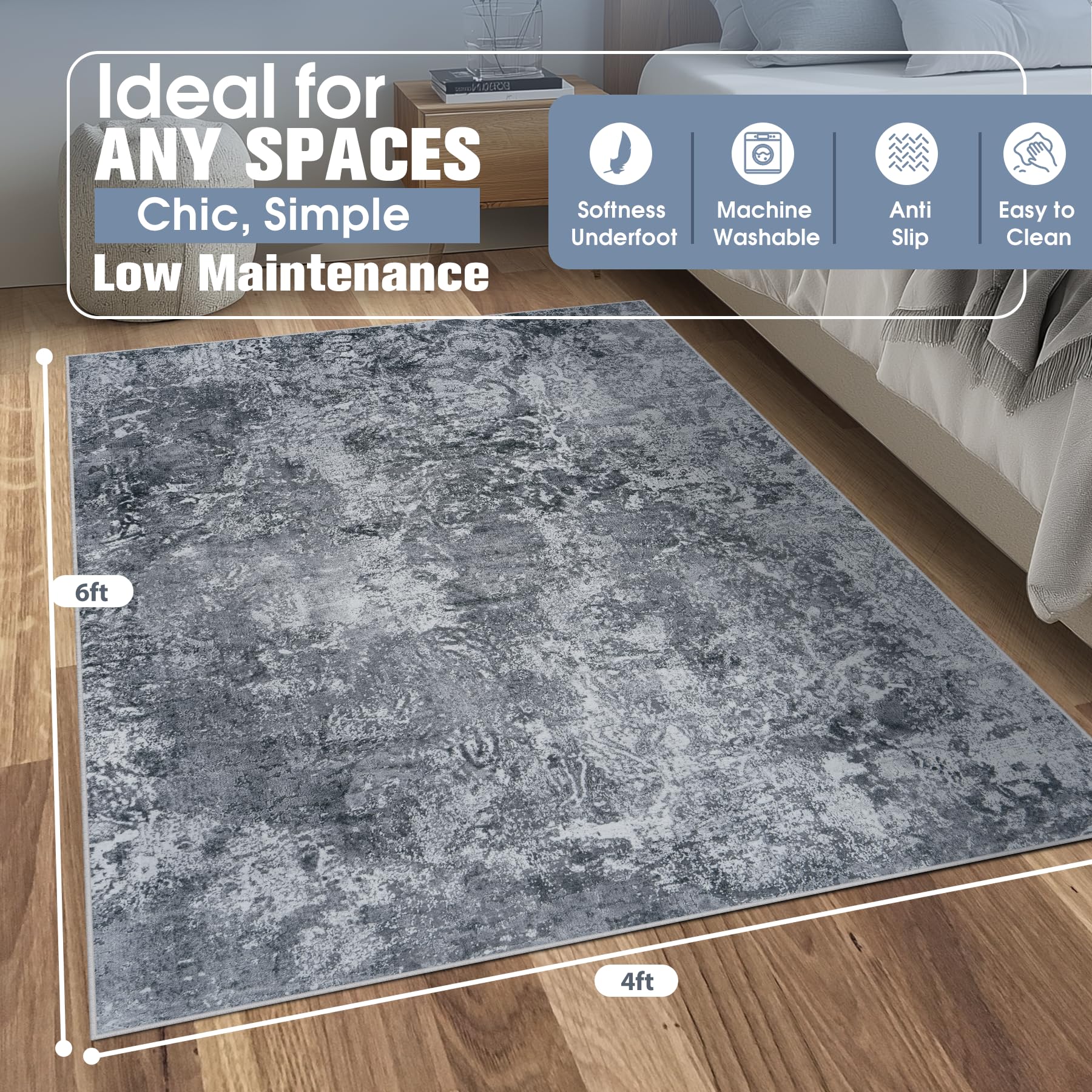 Aelenmu 4x6 Area Rugs for Living Room Washable Bedroom Dining Room Black