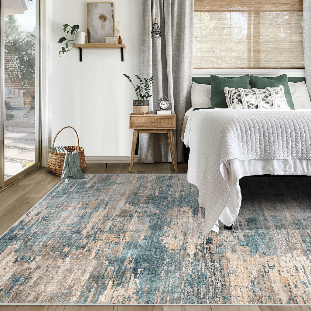 XLUEZ 5x7 Area Rugs for Living Room, Washable Modern Abstract Large Area Rug Neutral Soft Non Slip Kids Rug Stain Resistant Indoor Carpet for Bedroom Nursery Dining Room Playroom(GreenBrown, 5'x7')