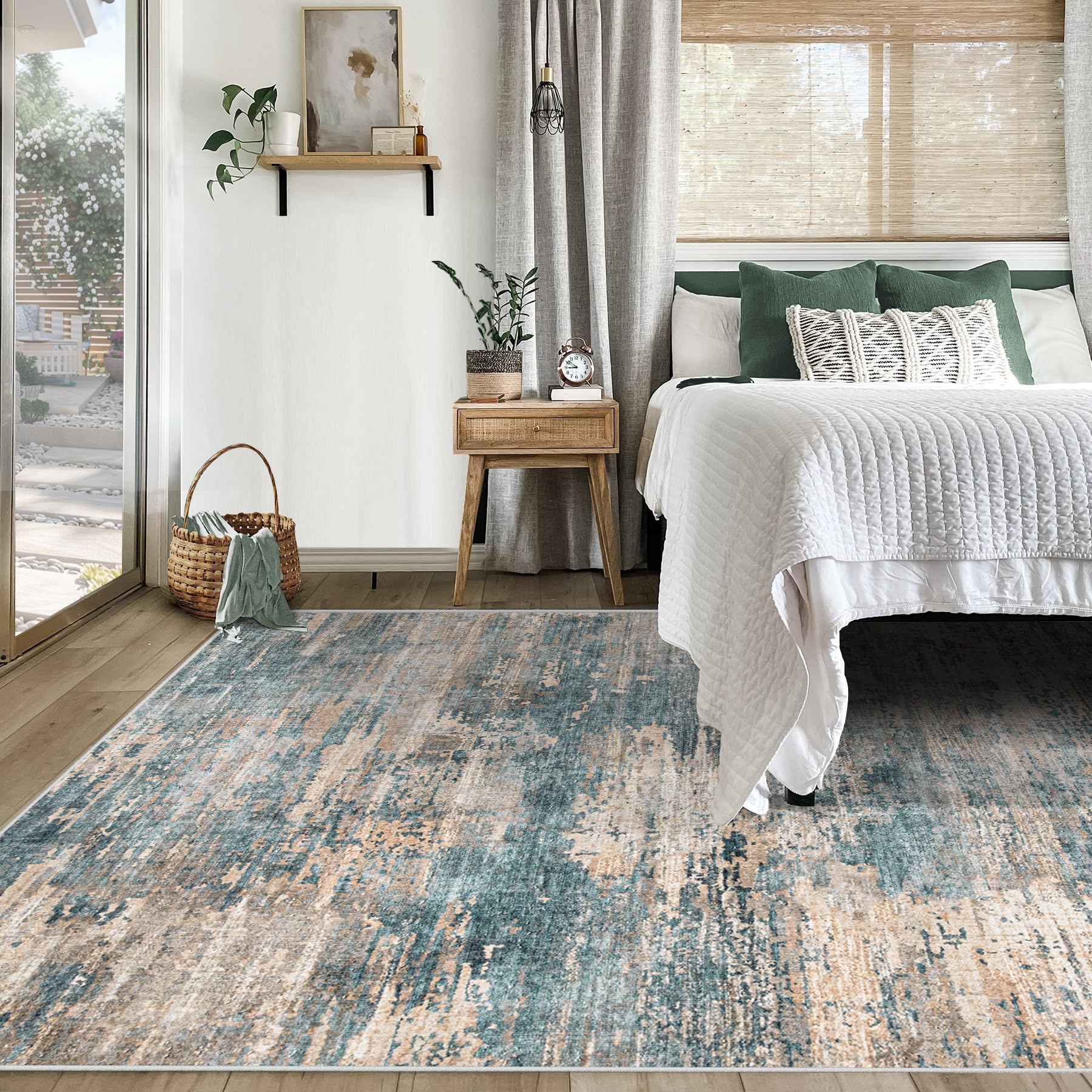 XLUEZ 5x7 Area Rugs for Living Room, Washable Modern Abstract Large Area Rug Neutral Soft Non Slip Kids Rug Stain Resistant Indoor Carpet for Bedroom Nursery Dining Room Playroom(GreenBrown, 5'x7')