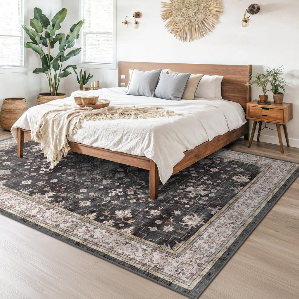 Black Farmhouse Washable 8x10 Area Rugs for Living Room, Bedroom, Dining Room Kitchen Table Rug for Under Table, Office, Dark Charcoal Tumble Stain Resistant Non-Slip Large Washable (8x10 Black/Multi)