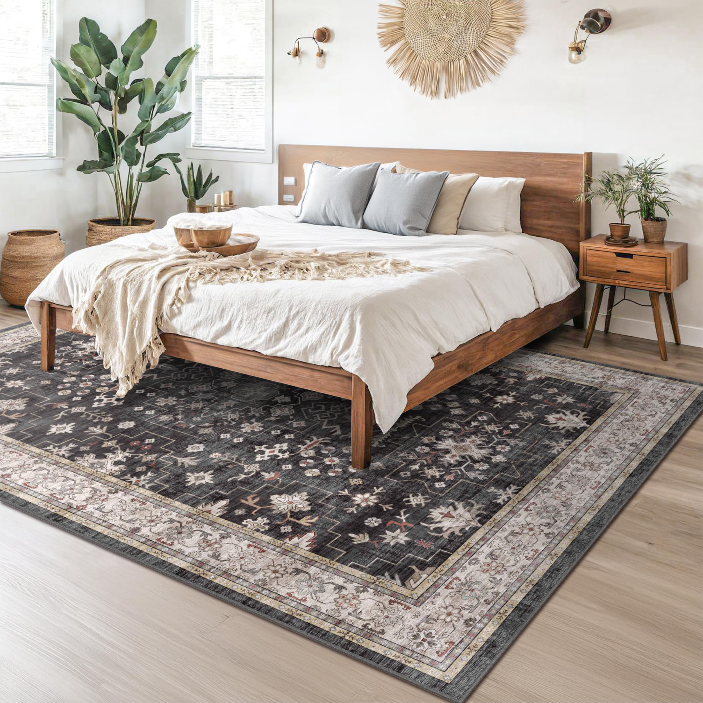 Black Farmhouse Washable 8x10 Area Rugs for Living Room, Bedroom, Dining Room Kitchen Table Rug for Under Table, Office, Dark Charcoal Tumble Stain Resistant Non-Slip Large Washable (8x10 Black/Multi)