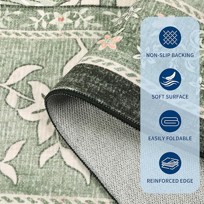 GarveeHome Sage Green 2.5 x 8 Washable Kitchen Runner Rugs Non Slip Provence Vintage Boho Cottage Long Rug for Hallways Bedroom Entryway Bathroom Mat with Rubber Back