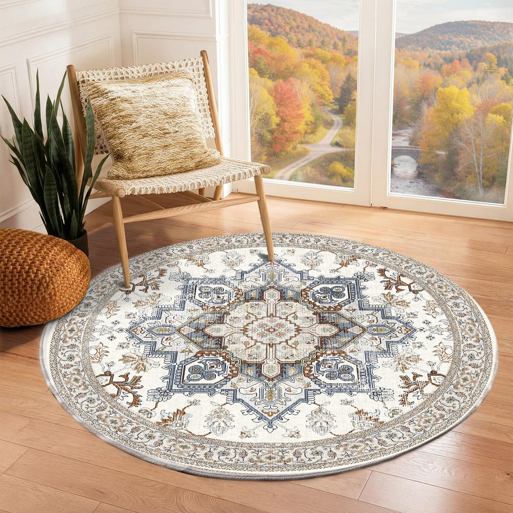 OPPODREAM Soft Area Rugs 3', Persian-Inspired Washable Rug, Cream White & Blue