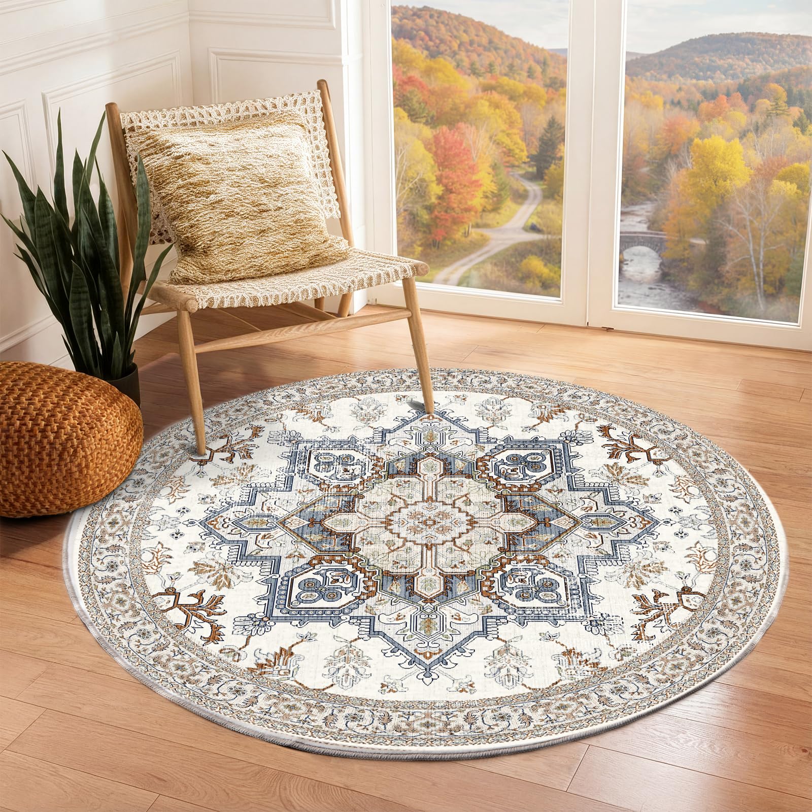 OPPODREAM Soft Area Rugs 3', Persian-Inspired Washable Rug, Cream White & Blue
