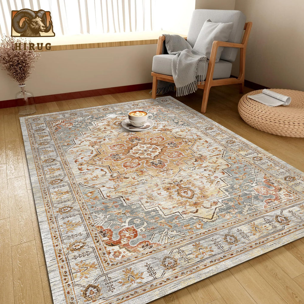 Washable Area Rug 3' x 5 ' Vintage Traditional Persian Mat - Foldable Distressed Non-Slip Machine Washable Carpet for Living Room Bedroom Kitchen Home Decor - Dove Gray and Coral