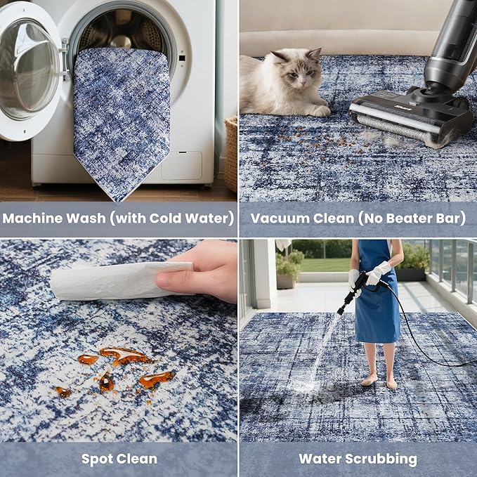 8x10 Washable Area Rug for Living Room Bedroom: Non-Slip Modern Navy Blue