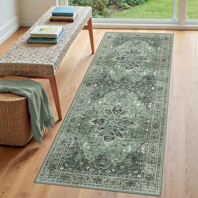 RELEANY Washable Area Rug, Runner 3'x8', Green/Dark Green/Gray