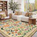 GarveeHome Washable Rug 9x12 Area Rugs for Living Room, Floral Rug for Bedroom, Soft Vintage Non Slip Throw Rugs with Rubber Back, Low Pile Stain Resistant Boho Floral Carpet for Dining Room, Beige