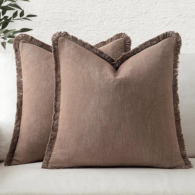 MIULEE Decorative Throw Pillow Covers Neutral Linen Fringe Throw Pillows Set of 2 Dark Coffee Boho Farmhouse Cushion Covers with Tassels for Couch Sofa Bed Living Room Spring Home Decor 18x18 Inch