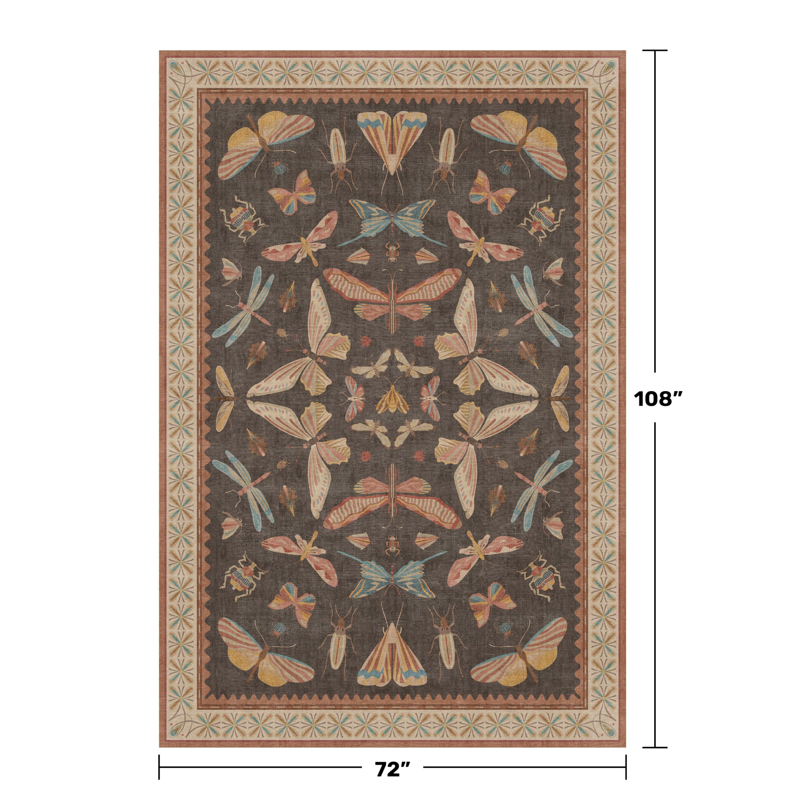 Dining Room Rugs for Under Table 6x9 - Washable Soft Rugs for Bedroom Aesthetic, Low Pile Stain Resistant Living Room Carpet, Vintage Insect Home Décor (Brown)