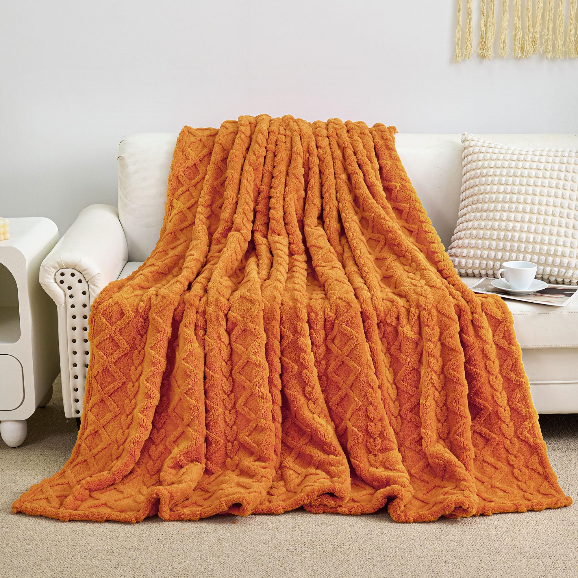 Aganear Fleece Throw Blanket for Bed Couch,Fall Boho Blanket,90"x90" Orange