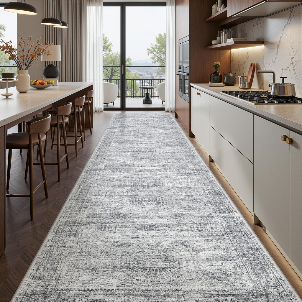 Restydon 2'6 x 12' Runner Rug Non Slip,Washable Kitchen Rugs,Grey