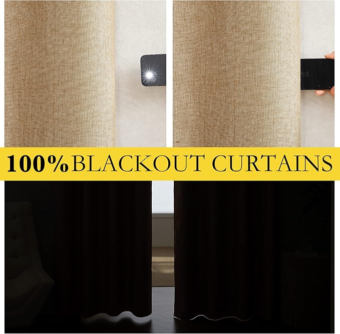 NICETOWN 100% Absolutely Blackout Linen Curtains with Thermal Insulated White Liner, Camel, 52" Wide by 48" Long, 2 Pieces, Linen Blend Window Drapes Privacy Window Treatments for Bedroom/Kids Room