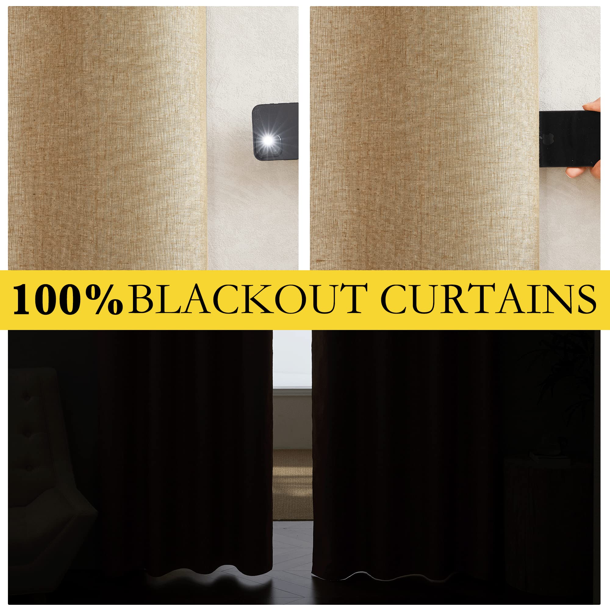 NICETOWN 100% Blackout Camel Linen Curtains 120 inches Length with Thermal Insulated Liners, 2 Panels, 62 inches W, Farmhouse Style Room Cooling Small Window Draperies for Dining Room