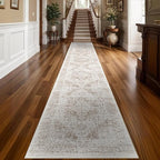 Washable 2'6''x16' Runner Rug - Non-Slip Vintage Runner Rug for Entryway Low-Pile Medallion Long Rugs for Hallway Waterproof Traditional Runner Rugs Indoor Thin Rug for Kitchen (Cream/Beige)