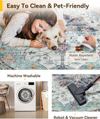 RELEANY Area Rugs 4ft Washable Non-Slip, Floral Vintage Distress Print Pattern Medallion Carpet for Living Room Bedroom Dining Room, Green Navy Blue White Red Teal Colorful