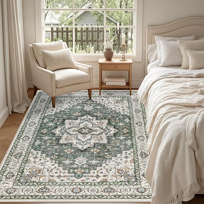 ExpediX 6x9 Area Rugs Living Room: Washable Rug for Bedroom Green Ivory