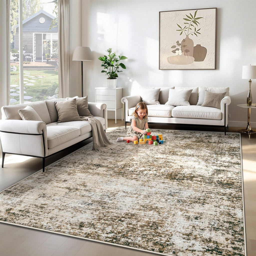 XLUEZ 6x9 Area Rugs for Living Room, Washable Modern Abstract Large Area Rug Neutral Soft Non Slip Kids Rug Stain Resistant Indoor Carpet for Bedroom Nursery Dining Room Playroom(Brown, 6'x9')