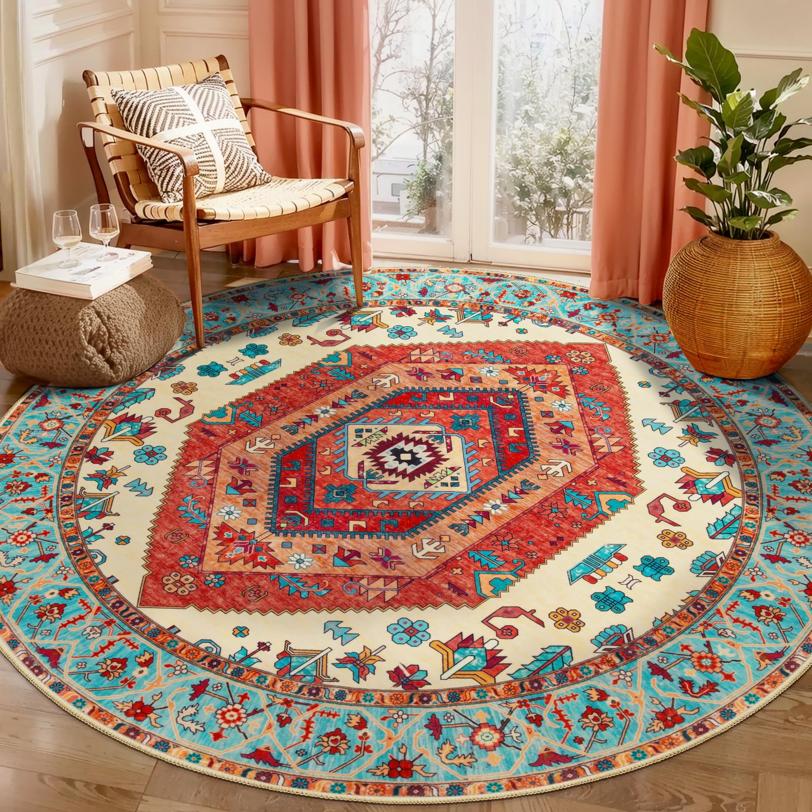 SERISSA 6ft Washable Non Slip Round Boho Area Rug for Bedroom，Orange