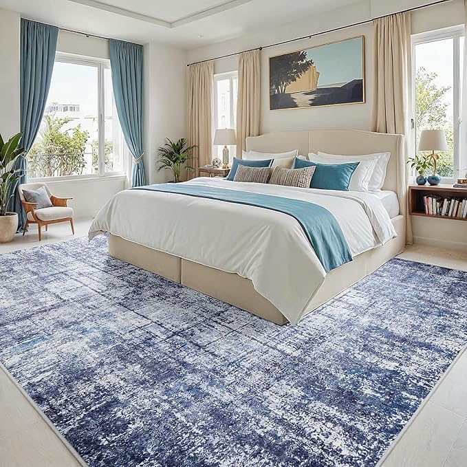 8x10 Washable Area Rug for Living Room Bedroom: Non-Slip Modern Navy Blue
